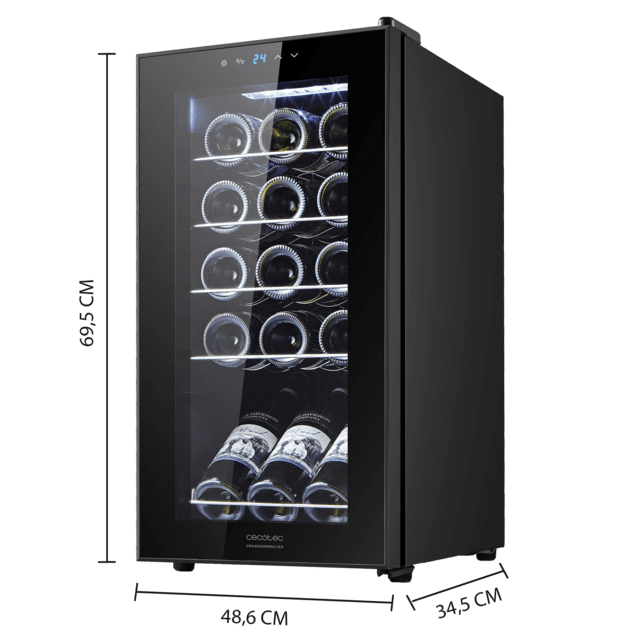 Bolero GrandSommelier 1550 Black Compressor Cave de vinhos preta com capacidade para 15 garrafas, com sistema de arrefecimento por compressor, temperatura regulável entre 5-18 ˚C e painel de controlo tátil.