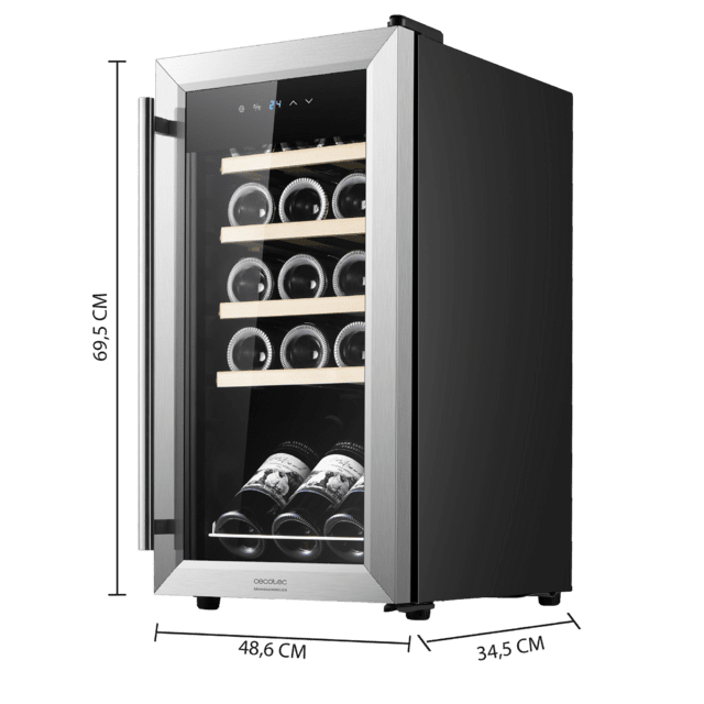 Bolero GrandSommelier 1550 Inox Compressor Vinoteca con puerta y tirador inox de 15 botellas de capacidad con sistema compresor de enfriamiento, temperatura regulable entre 5-18ºC y panel de control táctil.