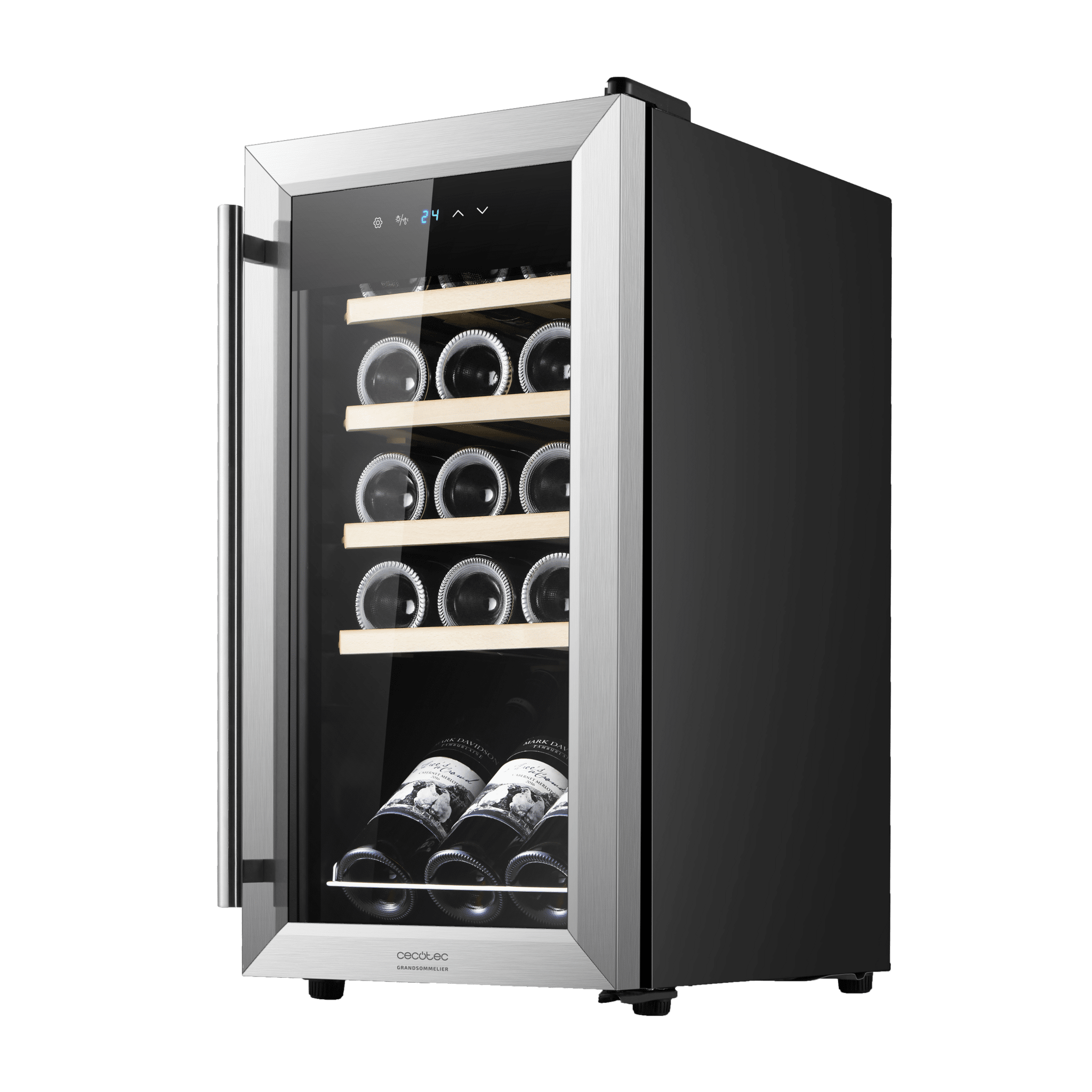 Bolero GrandSommelier 1550 Inox Compressor Cantinetta per vini con sportello e maniglia in acciaio inox, capacità di 15 bottiglie, con sistema di raffreddamento a compressore, temperatura regolabile tra 5 e 18ºC e pannello di controllo touch.