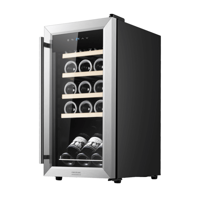 Bolero GrandSommelier 1550 Inox Compressor Vinoteca con puerta y tirador inox de 15 botellas de capacidad con sistema compresor de enfriamiento, temperatura regulable entre 5-18ºC y panel de control táctil.