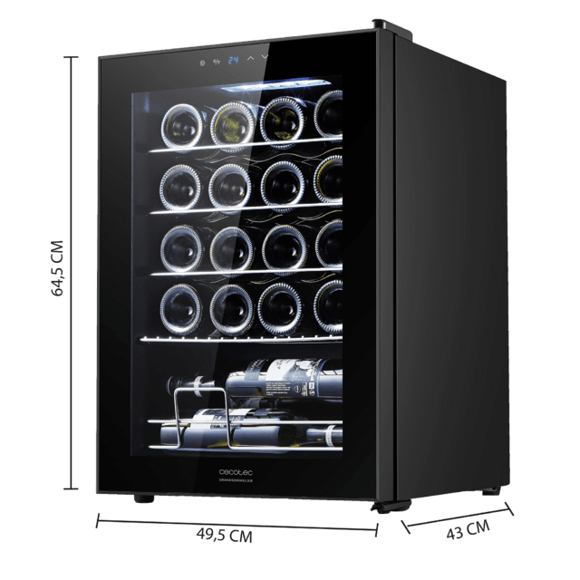 Bolero GrandSommelier 2050 Black Compressor Cave de vinhos preta com capacidade para 20 garrafas, com sistema de arrefecimento por compressor, temperatura regulável entre 5-18 ˚C e painel de controlo tátil.