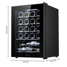 Bolero GrandSommelier 2050 Black Compressor Cave de vinhos preta com capacidade para 20 garrafas, com sistema de arrefecimento por compressor, temperatura regulável entre 5-18 ˚C e painel de controlo tátil.