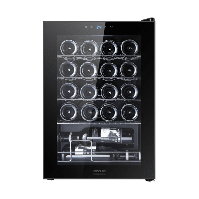 Bolero GrandSommelier 2050 Black Compressor Cave de vinhos preta com capacidade para 20 garrafas, com sistema de arrefecimento por compressor, temperatura regulável entre 5-18 ˚C e painel de controlo tátil.