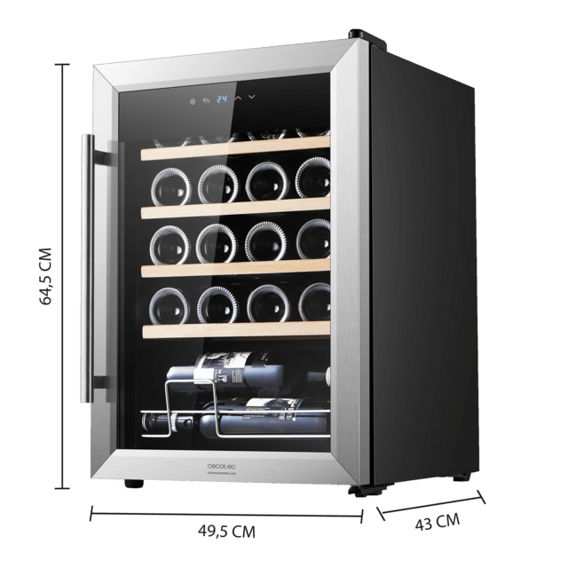 Bolero GrandSommelier 2050 Inox Compressor Cave de vinhos com porta e pega em aço inoxidável, capacidade para 20 garrafas, com sistema de arrefecimento por compressor, temperatura regulável entre 5-18 ˚C e painel de controlo tátil.