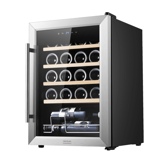 Bolero GrandSommelier 2050 Inox Compressor Cave de vinhos com porta e pega em aço inoxidável, capacidade para 20 garrafas, com sistema de arrefecimento por compressor, temperatura regulável entre 5-18 ˚C e painel de controlo tátil.