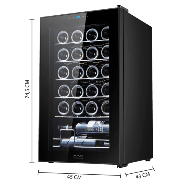 Bolero GrandSommelier 2450 Black Compressor Cave de vinhos preta com capacidade para 24 garrafas, com sistema de arrefecimento por compressor, temperatura regulável entre 5-18 ˚C e painel de controlo tátil.