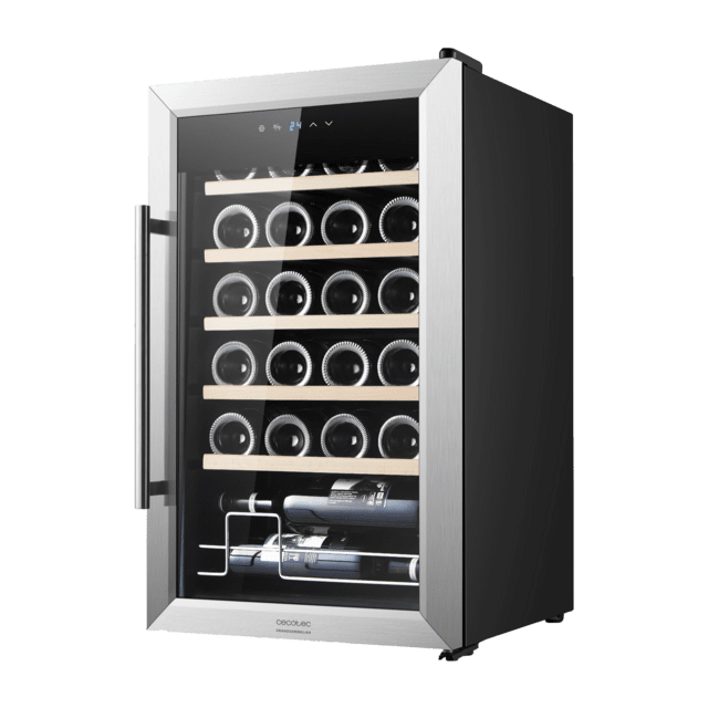 Bolero GrandSommelier 2450 Inox Compressor Cave de vinhos com porta e pega em aço inoxidável, capacidade para 24 garrafas, com sistema de arrefecimento por compressor, temperatura regulável entre 5-18 ˚C e painel de controlo tátil.