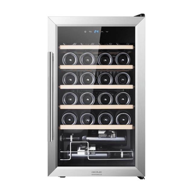 Bolero GrandSommelier 2450 Inox Compressor Cantinetta nera con capacità di 24 bottiglie con sistema di raffreddamento a compressore, temperatura regolabile tra 5 e 18 ºC e pannello di controllo touch.