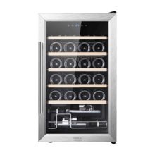 Bolero GrandSommelier 2450 Inox Compressor Cave à vin avec porte et poignée en acier inoxydable, d'une capacité de 24 bouteilles, avec compresseur de réfrigération, température réglable entre 5 et 18 ºC et panneau de contrôle tactile.