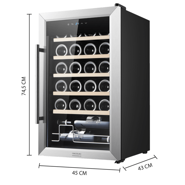 Bolero GrandSommelier 2450 Inox Compressor Cantinetta nera con capacità di 24 bottiglie con sistema di raffreddamento a compressore, temperatura regolabile tra 5 e 18 ºC e pannello di controllo touch.