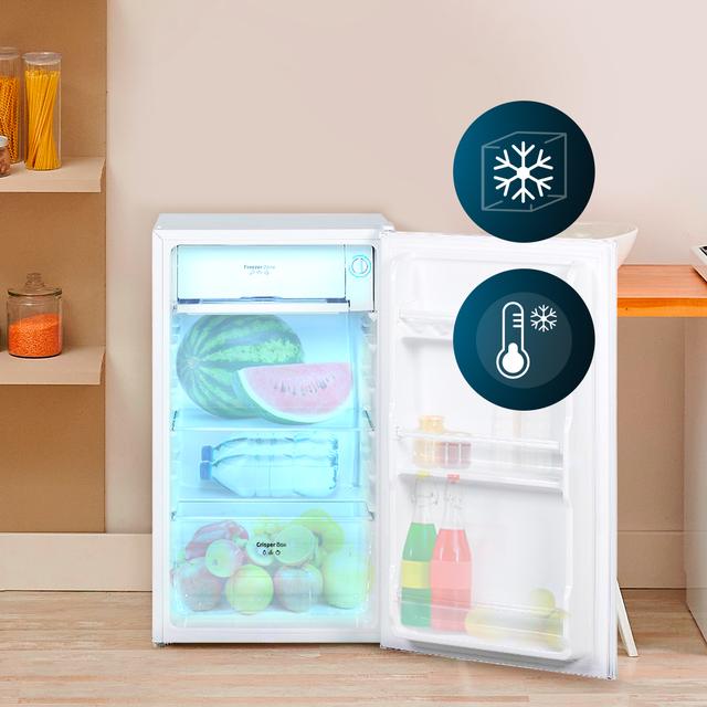 Bolero CoolMarket TT 90 White E Mini frigorífico sobremesa blanco 83cm alto y 47cm ancho, con 90L de capacidad, control de temperatura regulable y compartimento de conservación.