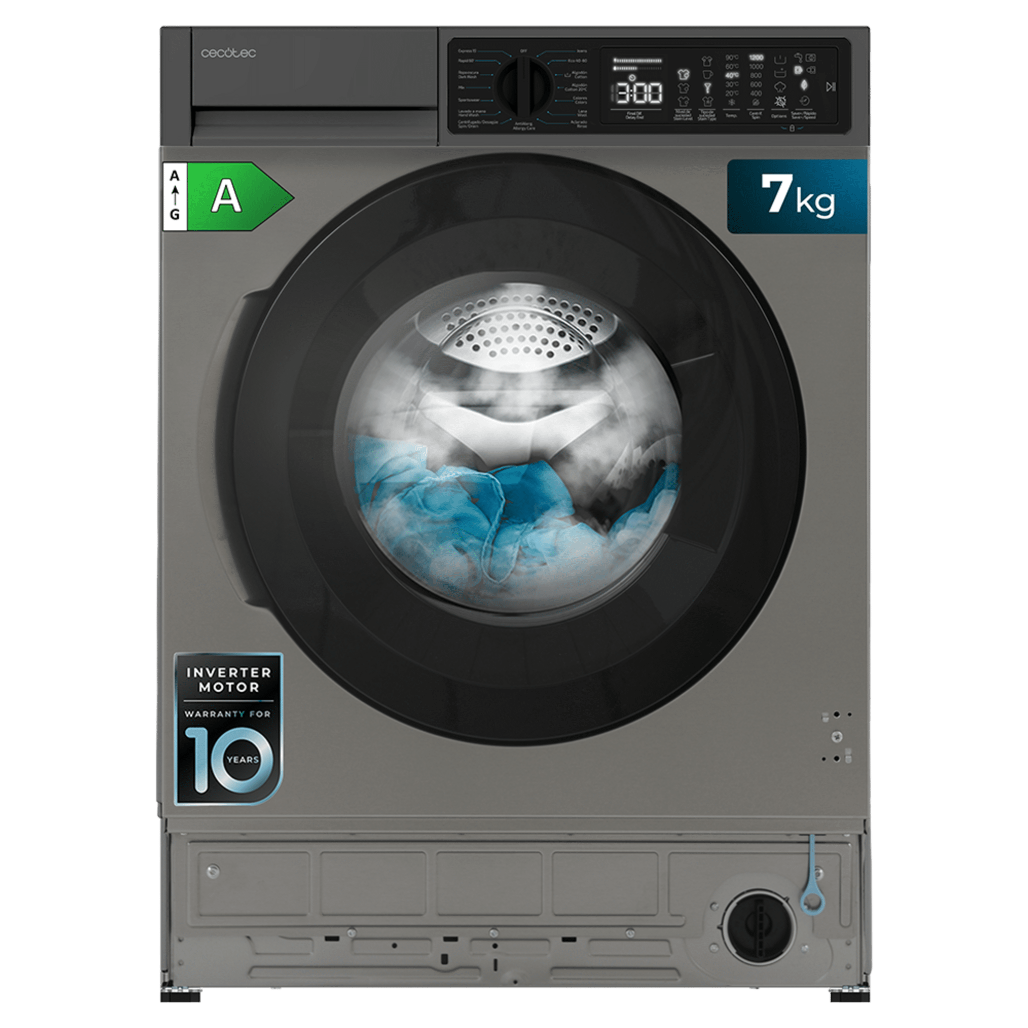 Bolero DressCode 750 BI Inverter Steel A Máquina de lavar roupa de encastre inox de 7 kg, 1200 rpm, 15 programas, classe A, motor Inverter Plus, SteamMax, Stain Match Pro, Allergy Care, Delay Start, enxaguamento extra, KidLock e indicador de eficiência.