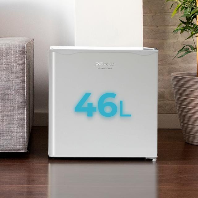 GrandCooler 20000 SilentCompress White E Mini-frigorífico branco, compartimento congelador interior, capacidade 46 L, 48,7 cm de largura e 48 cm de altura, porta reversível, funcionamento cíclico, classe energética E