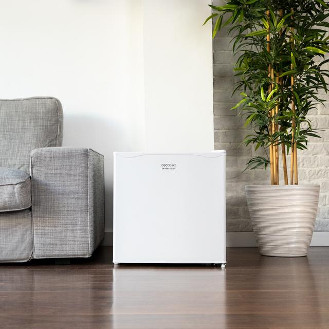 GrandCooler 20000 SilentCompress White E Mini Frigorífico blanco, compartimento congelador interior, capacidad de 46 Litros, 48,7 de ancho y 48 cm de alto, puerta reversible, funcionamiento cíclico, clase energética E