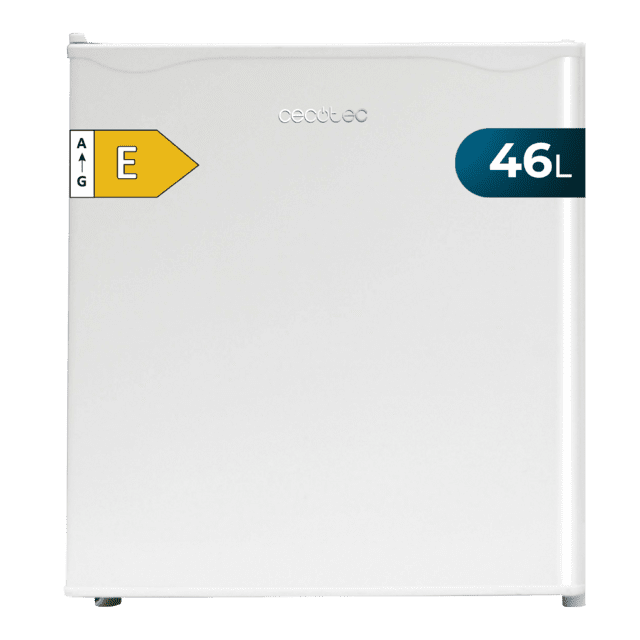 GrandCooler 20000 SilentCompress White E Mini réfrigérateur blanc, compartiment congélateur intérieur, capacité de 46 litres, 48,7 cm de large et 48 cm de haut, porte réversible, fonctionnement cyclique, classe énergétique E