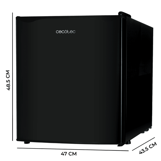 GrandCooler 20000 SilentCompress Black E Mini Frigorífico negro, compartimento congelador interior, capacidad de 46 Litros, 48,7 de ancho y 48 cm de alto, puerta reversible, funcionamiento cíclico, clase energética E