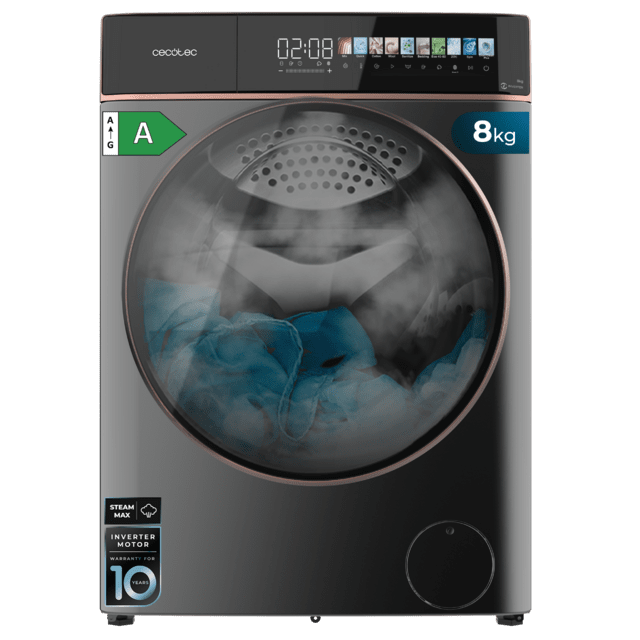 Bolero DressCode 8900 Inverter FullColor Steel A Lavadora de carga frontal steel de 8 kg de capacidad y 1400 rpm, Pantalla FullColor 10,3", 11 programas, Motor Inverter Plus, SteamMax, Clase A, Sanitize, OnSmart, Fuzzy Logic, Smooth Wash y Goma Antibacteriana