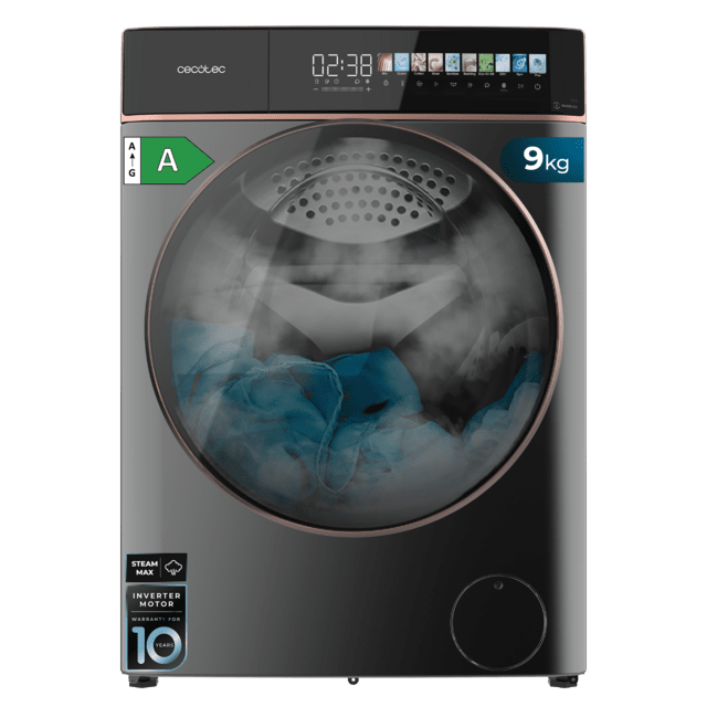 Bolero DressCode 9900 Inverter FullColor Steel Uma lavadora frontal em aço com 9 kg de capacidade e 1400 rpm, tela FullColor de 10,3", 11 programas, motor Inverter Plus, SteamMax, Classe A, Sanitize, OnSmart, Fuzzy Logic, Smooth Wash e borracha antibacteriana