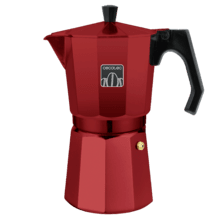 Mokclassic 300 Red Cafetière italienne en aluminium d'une capacité de 3 tasses de café de couleur rouge, qui convient pour différents types de cuisine.