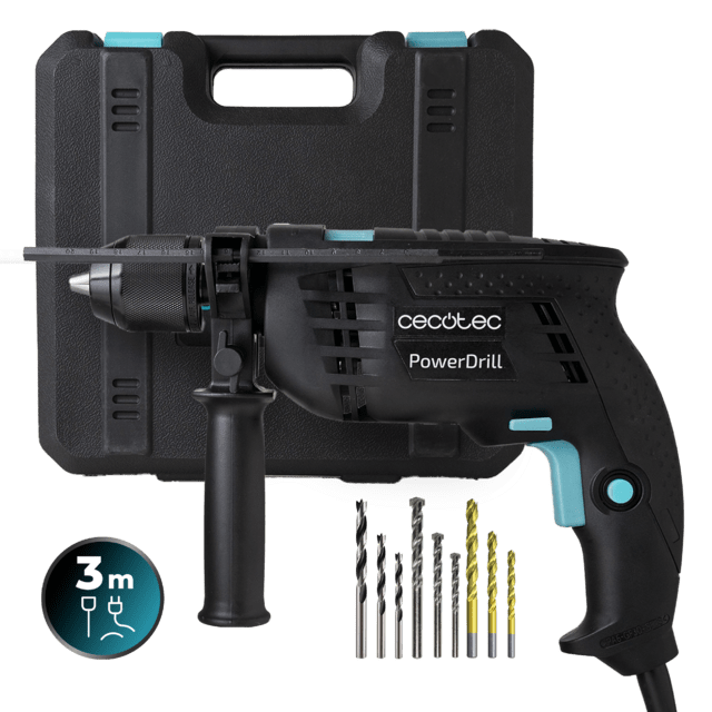 PowerDrill 850 Keyless Taladro eléctrico con percutor de 850 W. Portabrocas metálico de 13mm. Alta velocidad de 4800 rpm y percutor a 46000 impactos por minuto. Incluye un maletín con 9 brocas y una empuñadura auxiliar.