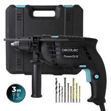 Furadeira elétrica PowerDrill 850 Keyless com mandril de perfuração de metal de 850 W. Alta velocidade de 4.800 rpm e percussor de 46.000 impactos por minuto. Inclui estojo com 9 brocas e cabo auxiliar.