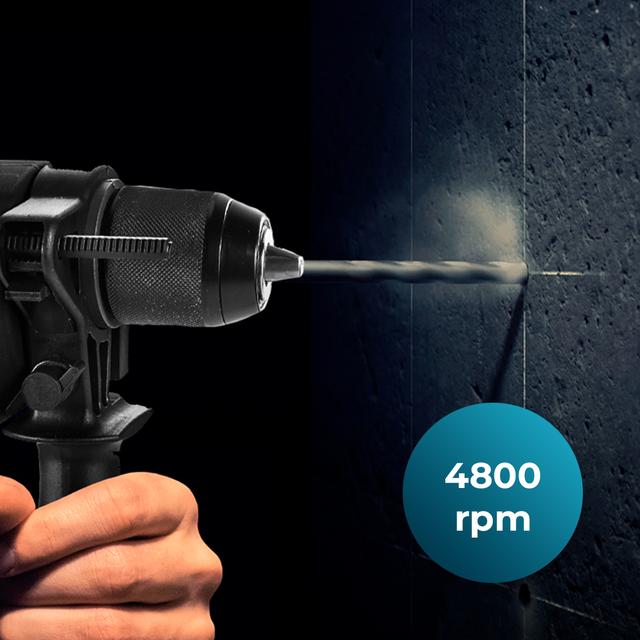 PowerDrill 850 Keyless Taladro eléctrico con percutor de 850 W. Portabrocas metálico de 13mm. Alta velocidad de 4800 rpm y percutor a 46000 impactos por minuto. Incluye un maletín con 9 brocas y una empuñadura auxiliar.