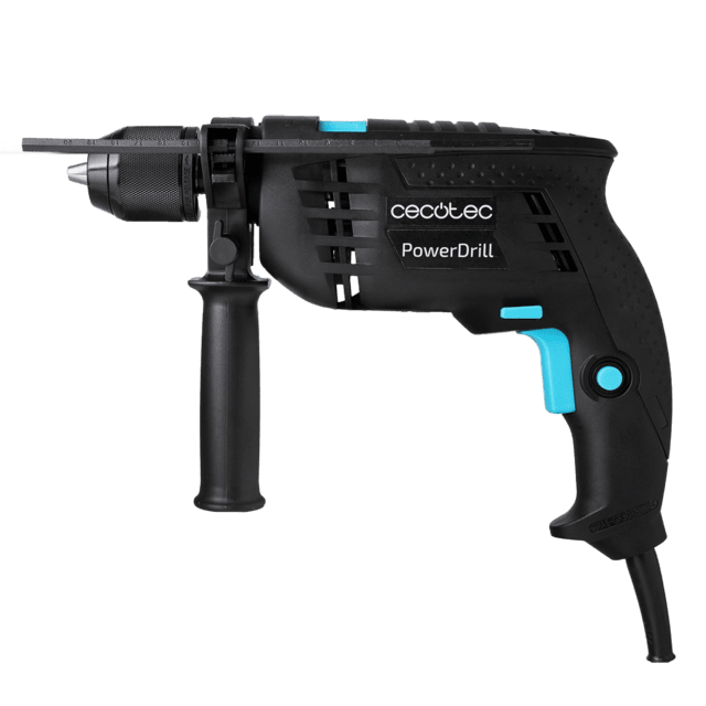 PowerDrill 850 Keyless Taladro eléctrico con percutor de 850 W. Portabrocas metálico de 13mm. Alta velocidad de 4800 rpm y percutor a 46000 impactos por minuto. Incluye un maletín con 9 brocas y una empuñadura auxiliar.