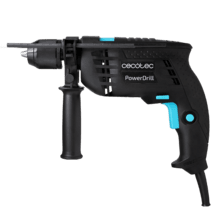 PowerDrill 850 Keyless Perceuse à percussion de 850 W. Mandrin métallique de 13 mm. Vitesse élevée de 4800 tours/minute et percussion de 46000 coups par minute. Mallette incluse avec 9 embouts et une poignée auxiliaire.