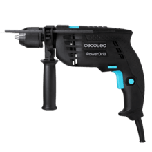 PowerDrill 850 Keyless Taladro eléctrico con percutor de 850 W. Portabrocas metálico de 13mm. Alta velocidad de 4800 rpm y percutor a 46000 impactos por minuto. Incluye un maletín con 9 brocas y una empuñadura auxiliar.