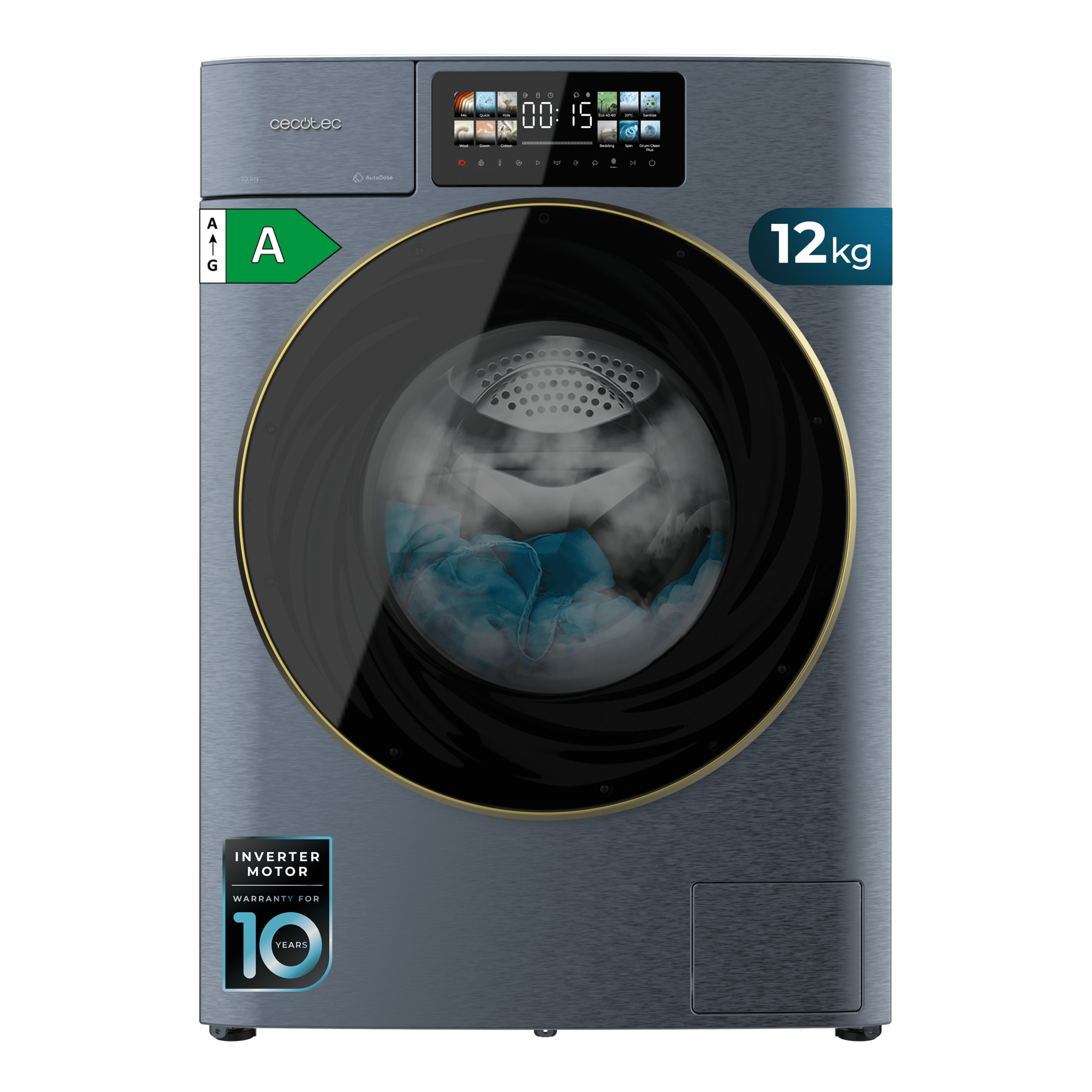 Bolero DressCode 12950 Autodose Direct Drive 3D Titanium Lavadora Autodosis de carga frontal color titanium de 12 kg de capacidad, 1400 rpm, clase A, y motor Direct Drive, con diseño Core Matrix Screen 9,2" y Core Body, 13 programas, SteamMax, Sanitize, funciones inteligentes OnSmart y Fuzzy Logic, Smooth Wash, puerta XXL y luz interior.