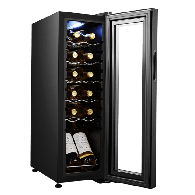 Bolero GrandSommelier 1250 CoolCrystal Compressor Weinkühlschrank freistehend, Fassungsvermögen 12 Flaschen, Temperatureinstellung 8-18°C, 25 cm breit und 79,5 cm hoch, Holzeinlegeböden, Touch-Display und LED-Innenbeleuchtung.