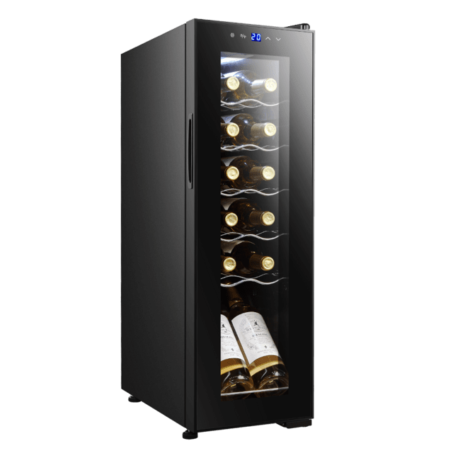 Bolero GrandSommelier 1250 CoolCrystal Compressor Weinkühlschrank freistehend, Fassungsvermögen 12 Flaschen, Temperatureinstellung 8-18°C, 25 cm breit und 79,5 cm hoch, Holzeinlegeböden, Touch-Display und LED-Innenbeleuchtung.