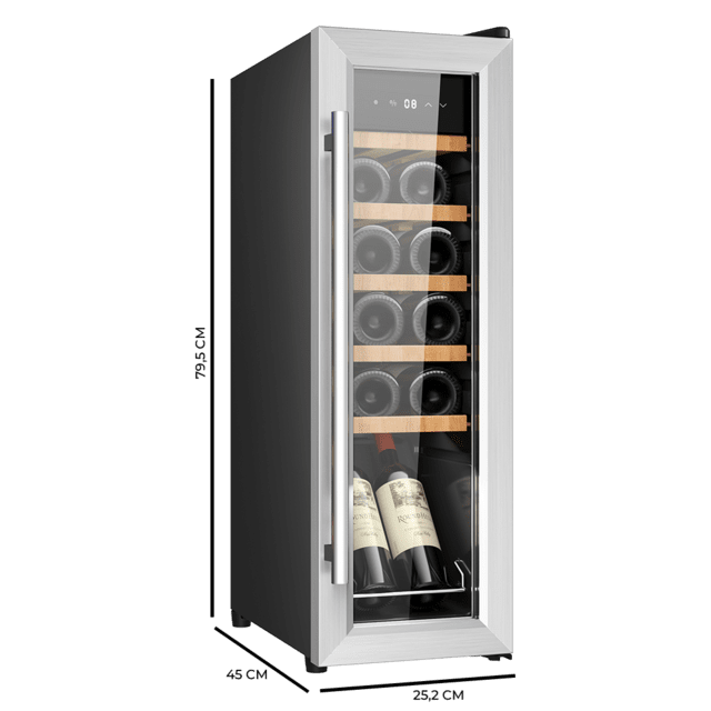 Bolero GrandSommelier 1250 CoolWood Compressor Cave de vinhos independente, capacidade para 12 garrafas, regulação da temperatura 8-18º ˚C, 25 cm de largura e 79,5 cm de altura, prateleiras de madeira, ecrã tátil e iluminação LED interna.