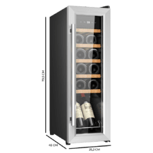 Bolero GrandSommelier 1250 CoolWood Compressor Vinoteca de libre instalación, capacidad para 12 botellas, ajuste temperatura 8-18ºC, 25 cm de ancho y 79,5 cm de alto, estantes de madera, display táctil e iluminación LED interna.