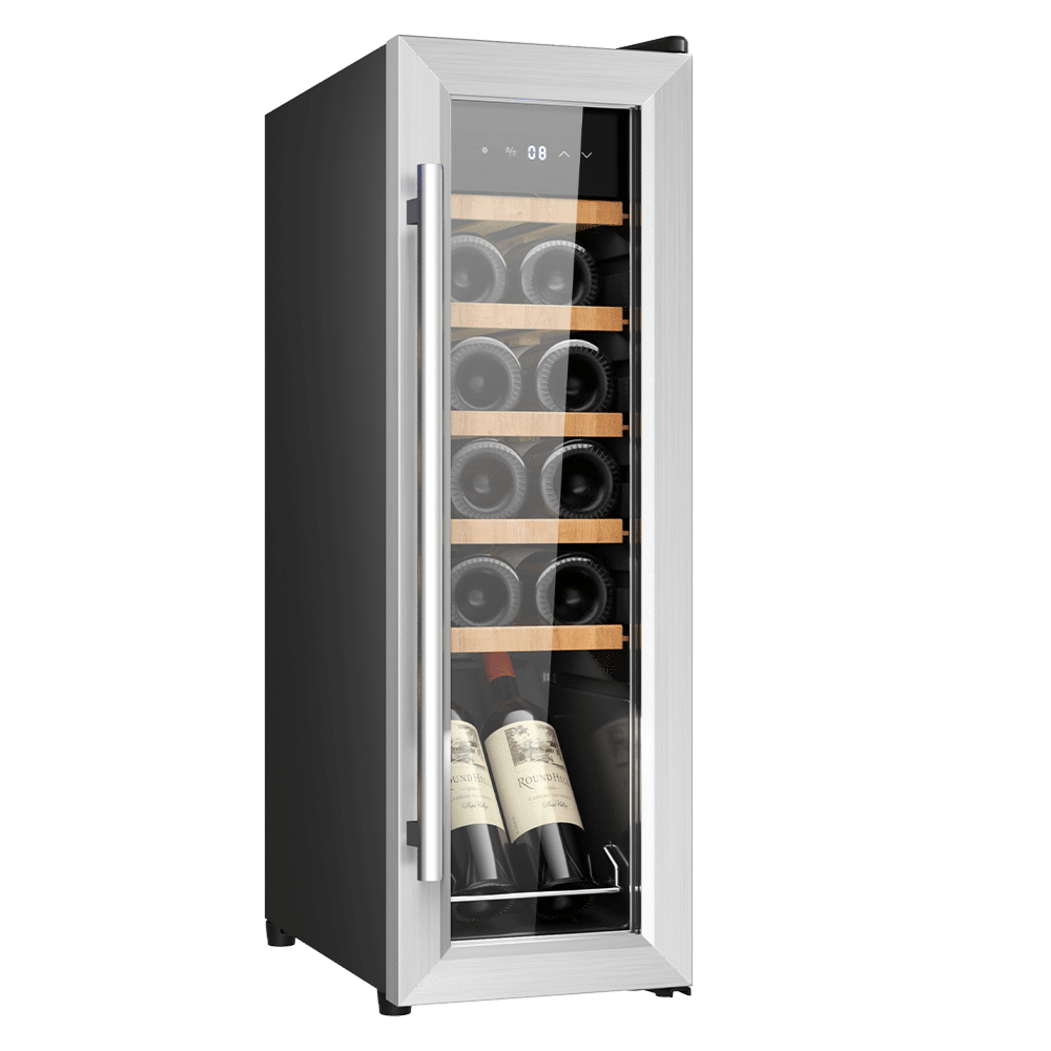 Bolero GrandSommelier 1250 CoolWood Compressor Cave à vin indépendante, capacité de 12 bouteilles, réglage de la température de 8 à 18ºC, 25 cm de large et 79,5 cm de haut, étagères en bois, écran tactile et éclairage interne par LED.