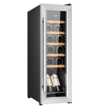 Bolero GrandSommelier 1250 CoolWood Compressor Cave de vinhos independente, capacidade para 12 garrafas, regulação da temperatura 8-18º ˚C, 25 cm de largura e 79,5 cm de altura, prateleiras de madeira, ecrã tátil e iluminação LED interna.