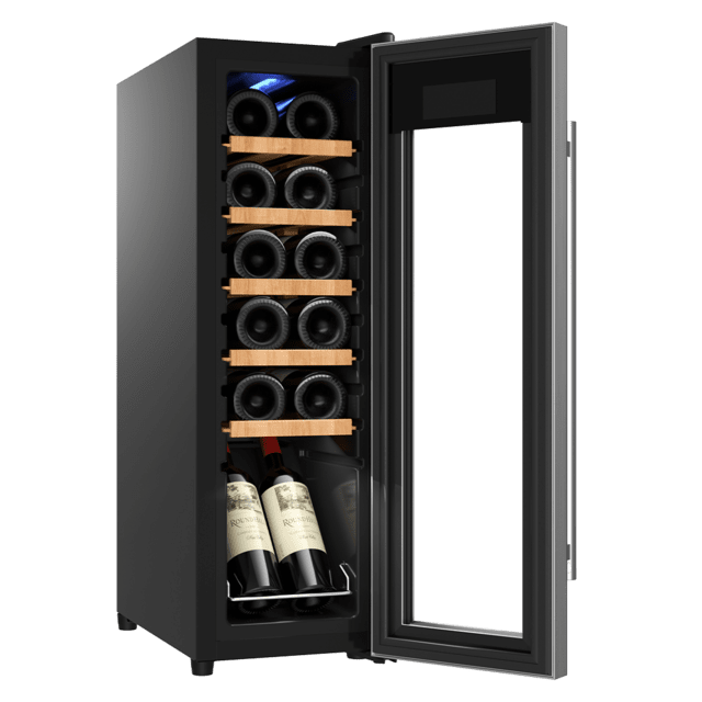 Bolero GrandSommelier 1250 CoolWood Compressor Cantinetta frigo a libera installazione, capacità di 12 bottiglie, regolazione della temperatura 8-18ºC, larghezza 25 cm e altezza 79,5 cm, ripiani in legno, display touch e illuminazione interna a LED.