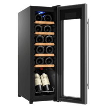 Bolero GrandSommelier 1250 CoolWood Compressor Vinoteca de libre instalación, capacidad para 12 botellas, ajuste temperatura 8-18ºC, 25 cm de ancho y 79,5 cm de alto, estantes de madera, display táctil e iluminación LED interna.