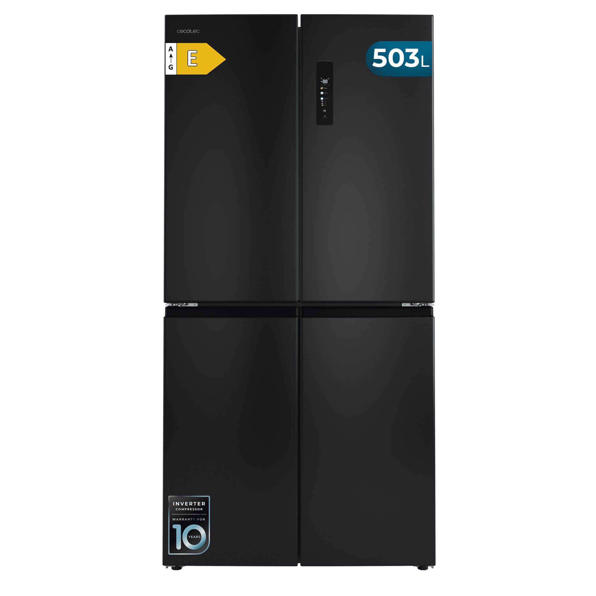 Bolero CoolMarket 4D 503 Dark E Frigorífico 4 Puertas Dark, 503 Litros, 177.5x85.3x69.8cm, Clase E, Compresor Inverter, Interior Gris, MetalFlexCooling, Cajón Temperatura Variable 0ºC a 7ºC, Cajón Regulación Humedad, Display a Color, NoFrost, MultiAirFlow, FastCooling, FastFreezing, Alarma, Modo ECO, Luz LED
