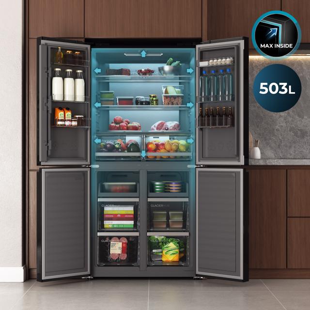 Bolero CoolMarket 4D 503 Black Glass E Frigorífico 4 Puertas Cristal Negro, 503 Litros, 177.5x85.3x69.8cm, Clase E, Compresor Inverter, Interior Gris, MetalFlexCooling, Cajón Temperatura Variable 0ºC a 7ºC, Cajón Regulación Humedad, Display a Color, NoFrost, MultiAirFlow, FastCooling, FastFreezing, Alarma, Modo ECO, Luz LED
