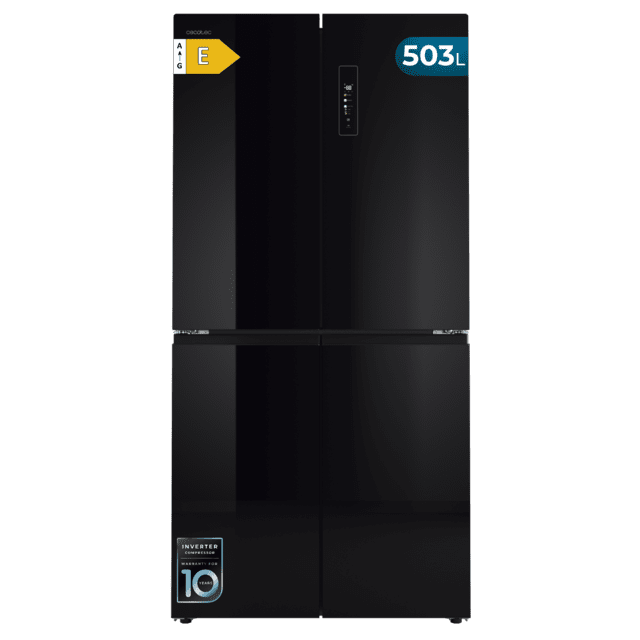 Bolero CoolMarket 4D 503 Black Glass E Frigorífico 4 Puertas Cristal Negro, 503 Litros, 177.5x85.3x69.8cm, Clase E, Compresor Inverter, Interior Gris, MetalFlexCooling, Cajón Temperatura Variable 0ºC a 7ºC, Cajón Regulación Humedad, Display a Color, NoFrost, MultiAirFlow, FastCooling, FastFreezing, Alarma, Modo ECO, Luz LED
