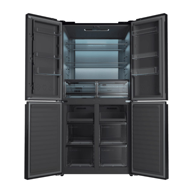 Bolero CoolMarket 4D 503 Black Glass E Frigorífico 4 Puertas Cristal Negro, 503 Litros, 177.5x85.3x69.8cm, Clase E, Compresor Inverter, Interior Gris, MetalFlexCooling, Cajón Temperatura Variable 0ºC a 7ºC, Cajón Regulación Humedad, Display a Color, NoFrost, MultiAirFlow, FastCooling, FastFreezing, Alarma, Modo ECO, Luz LED