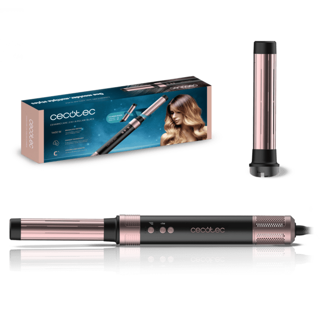 CermicCare 2in1 AirGlam Black Styler multifunzione 2 in 1 con tecnologia Coanda che asciuga, modella, arriccia ed elimina il crespo. Con 3 velocità, 3 temperature e controllo intelligente del calore. Motore digitale da 1400 W di potenza e 110.000 giri/min. Accessori con rivestimento in ceramica e cheratina.