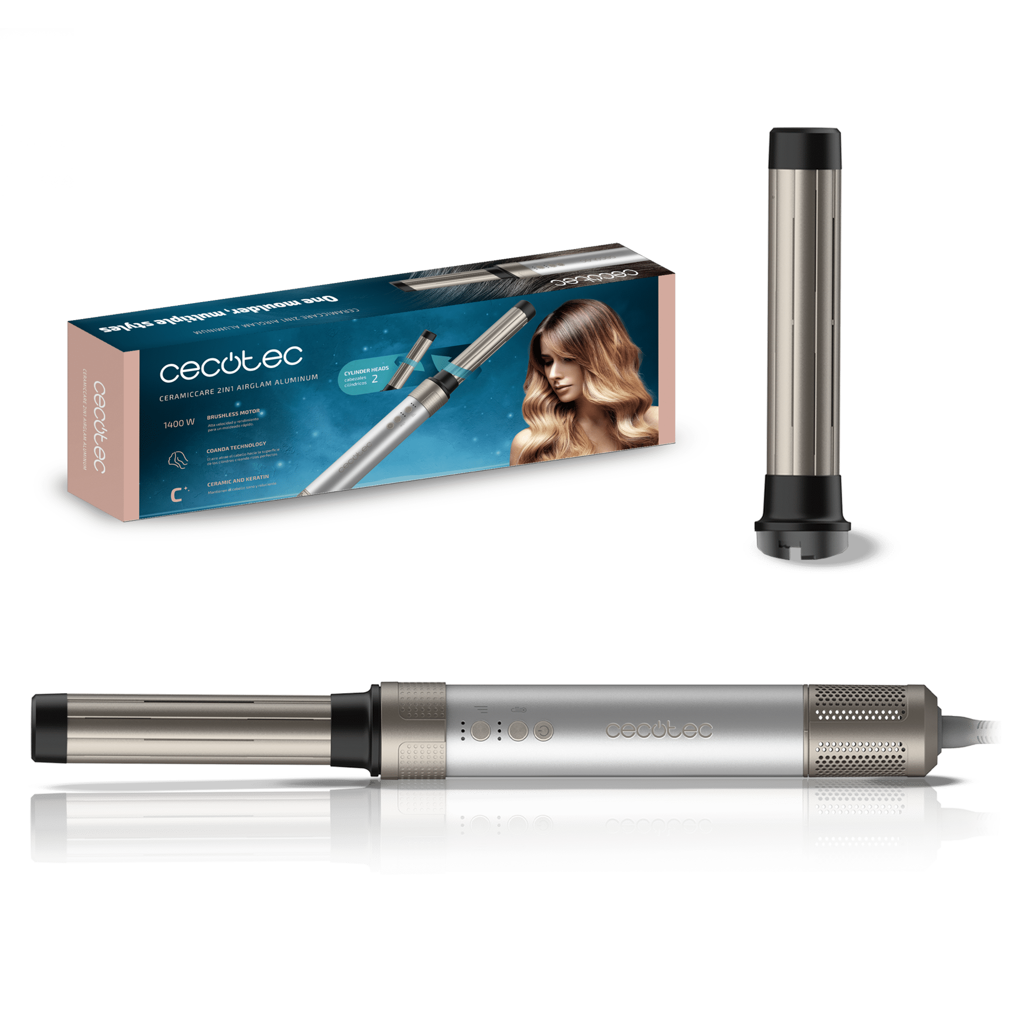 Bamba CeramicCare 2in1 AirGlam Aluminum Moldeador multifunción 2 en 1 con tecnología Coanda que seca, moldea, riza y elimina el efecto frizz. Con 3 velocidades, 3 temperaturas, y control inteligente del calor. Motor digital 1400 W de potencia y 110000 rpm. Cabezales con revestimiento de cerámica y keratina.