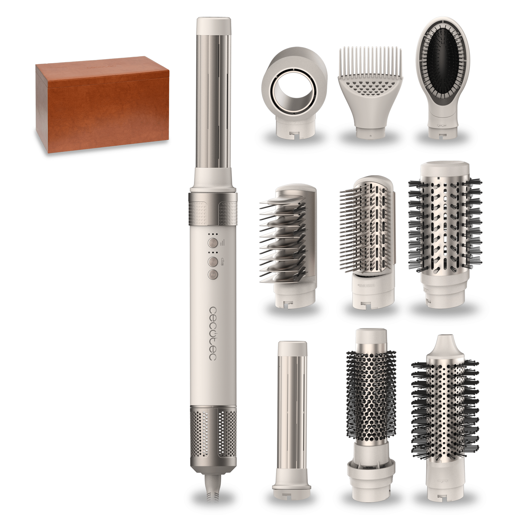 Bamba CermicCare 10in1 AirGlam Champagne 10-in-1-Multifunktions-Haarstyler mit Coanda-Technologie zum Formen, Locken, Stylen, Trocknen und Beseitigen von Frizz. Sie verfügt über 3 Geschwindigkeiten, 3 Temperaturen und eine intelligente Wärmeregelung. Digitaler Motor mit 1400 W Leistung und 110.000 U/min. Köpfe mit Keramik- und Keratinbeschichtung.