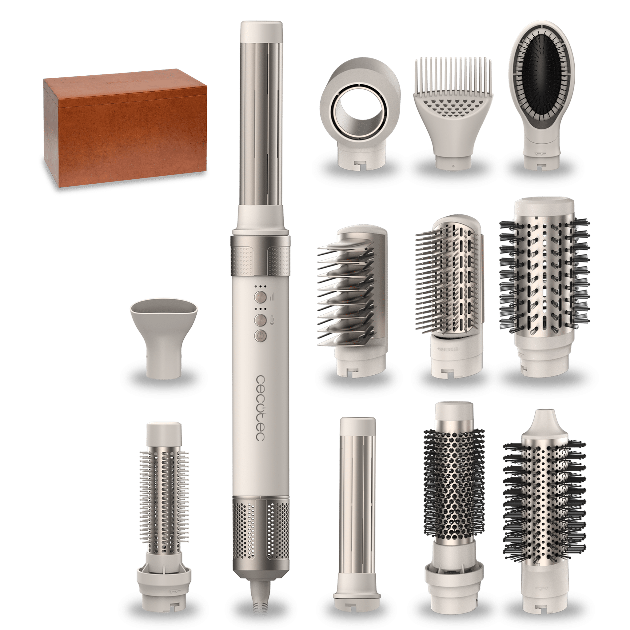 Bamba CeramicCare 12in1 AirGlam Champagne Moldeador multifunción 12 en 1 con tecnología Coanda que moldea, riza, peina, seca y elimina el efecto frizz. Con 3 velocidades, 3 temperaturas, y control inteligente del calor. Motor digital 1400 W de potencia y 110000 rpm. Cabezales con revestimiento de cerámica y keratina.