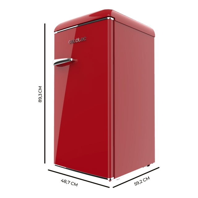 Bolero CoolMarket TT Origin 95 Red E Mini frigorífico retro rojo de 89 cm de alto y 49 cm de ancho con capacidad de 95L, clase energética E, Icebox y tirador cromado.