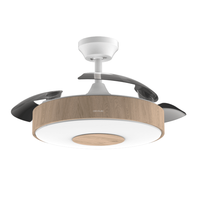 EnergySilence Aero 4200 Invisible LightWood Ventilatore da soffitto con pale retrattili e motore DC da 35W e 42" con illuminazione a LED, timer, telecomando e modalità inverno-estate.