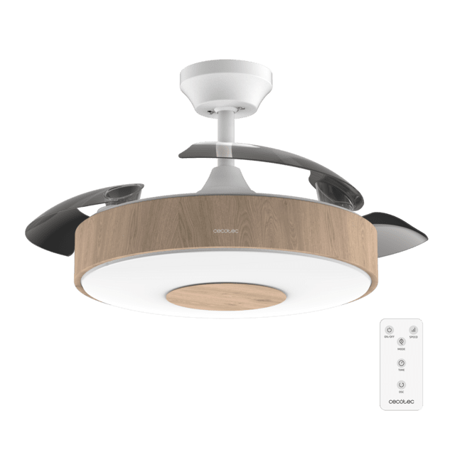 EnergySilence Aero 4200 Invisible LightWood Ventilateur de plafond à pales rétractables de 42" avec moteur DC de 30 W, lampe LED, minuterie, télécommande et mode Hiver-Été.