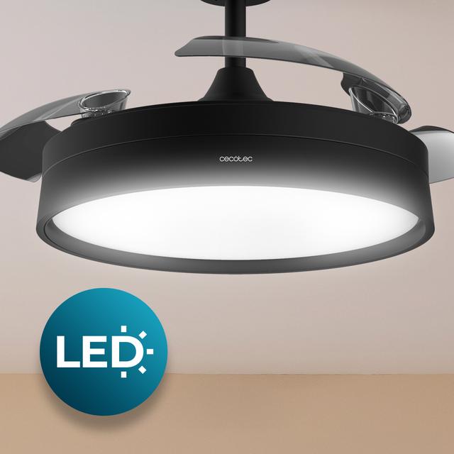 Energysilence Aero 4200 invisible black Ventilatore da soffitto a 3 pale retrattili, con motore DC da 35 W, illuminazione a LED, timer fino a 8 ore, funzione inverno-estate, 6 velocità, telecomando.